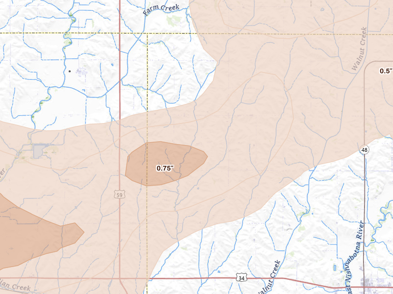Radar-estimated hail-size map of the storm over Emerson, IA on Jun 5, 2026