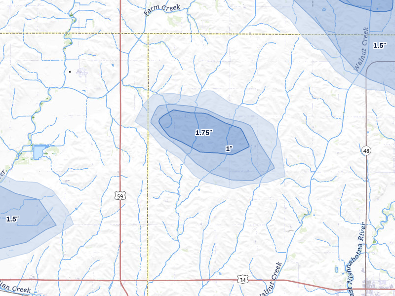 NEXRAD radar-signature map of the hail storm over Emerson, IA on Jun 5, 2026