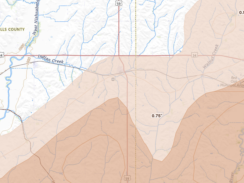 Radar-estimated hail-size map of the storm over Emerson, IA on Jun 10, 2026