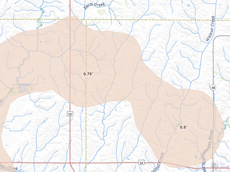Radar-estimated hail-size map of the storm over Emerson, IA