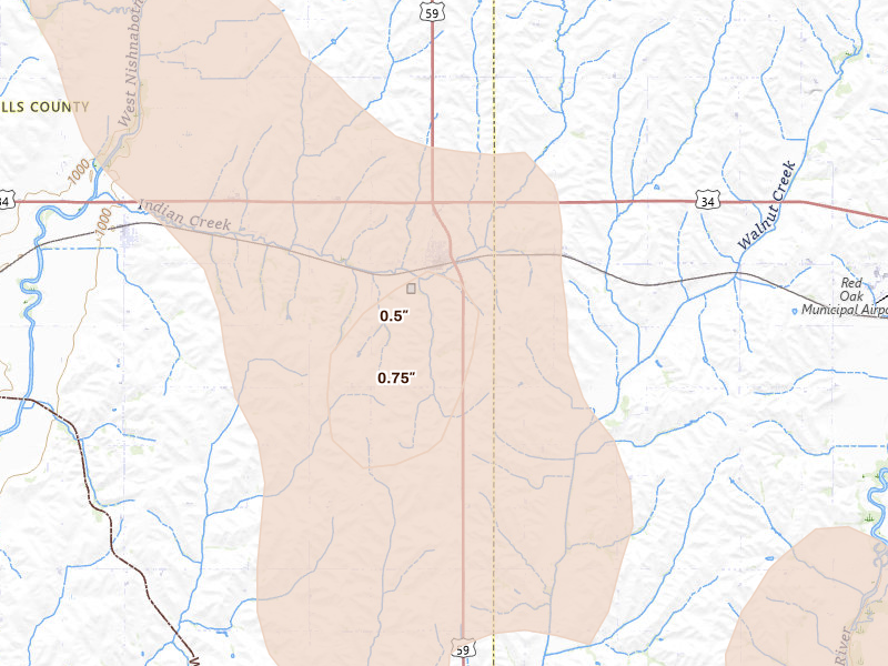 Radar-estimated hail-size map of the storm over Emerson, IA on Jun 30, 2026