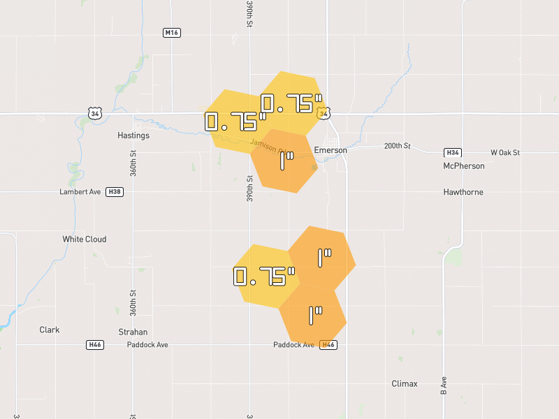 Hail map of Emerson, IA on Jul 1, 2026, hail up to 1"