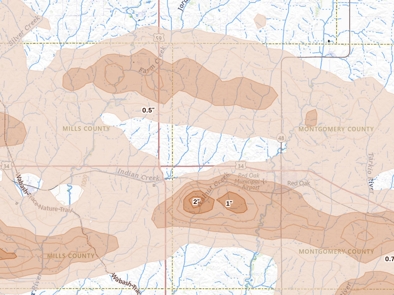 Radar-estimated hail-size map of the storm over Emerson, IA on Aug 4, 2026