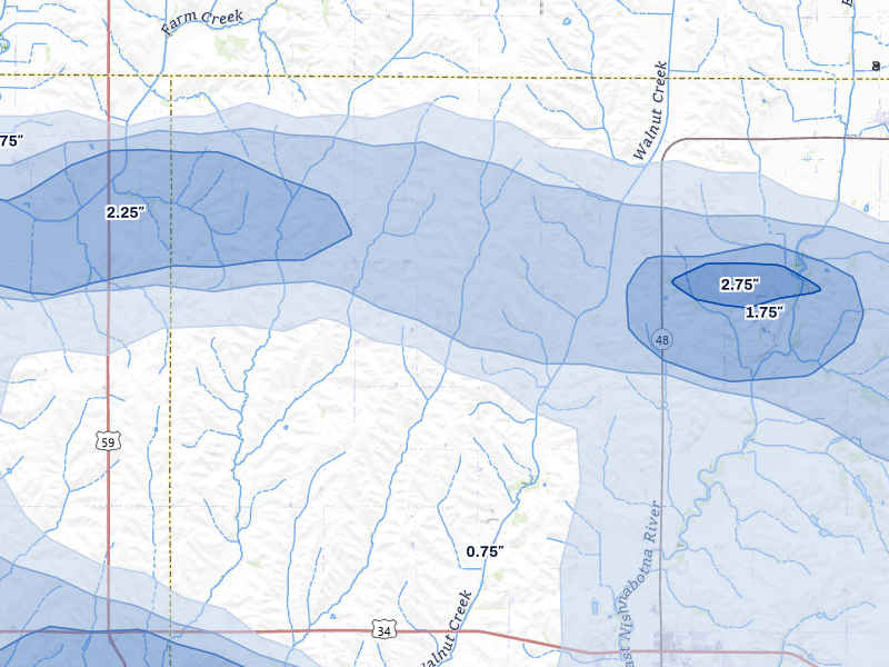 NEXRAD radar-signature map of the hail storm over Emerson, IA on Aug 4, 2026