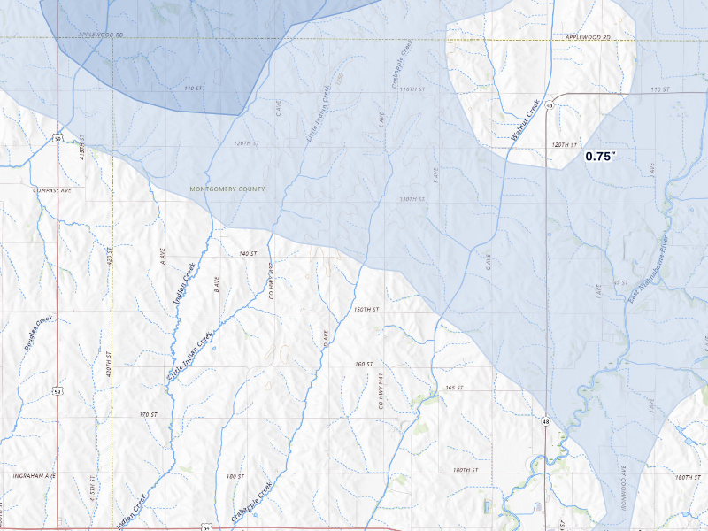 NEXRAD radar-signature map of the hail storm over Emerson, IA on Aug 8, 2026