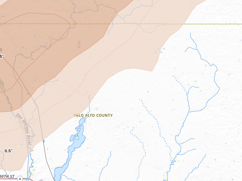 Radar-estimated hail-size map of the storm over Emmetsburg, IA on Apr 13, 2026