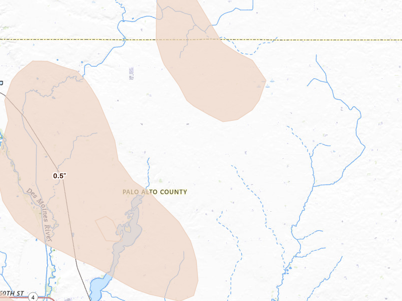 Radar-estimated hail-size map of the storm over Emmetsburg, IA on May 17, 2026