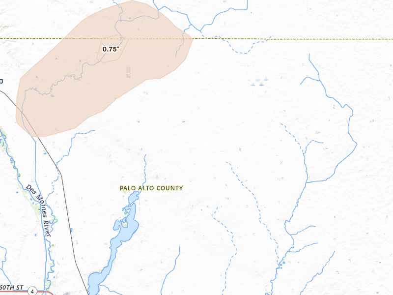 Radar-estimated hail-size map of the storm over Emmetsburg, IA on Jul 1, 2026