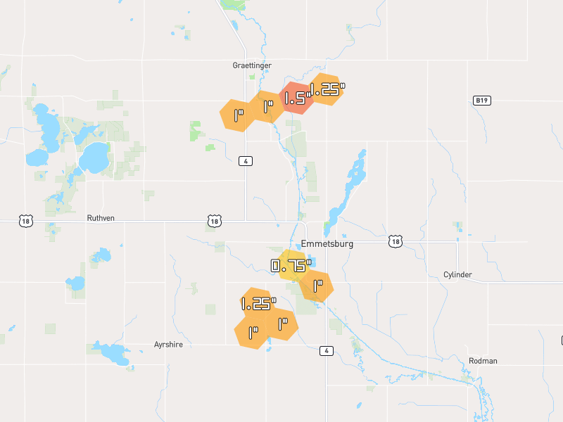 Hail map of Emmetsburg, IA on Jul 2, 2026, hail up to 1.5"