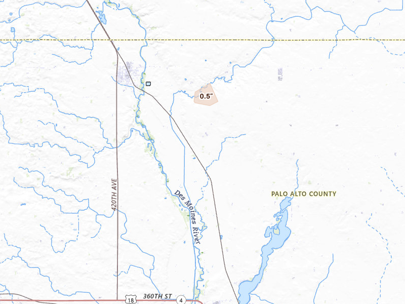 Radar-estimated hail-size map of the storm over Emmetsburg, IA on Sep 1, 2026