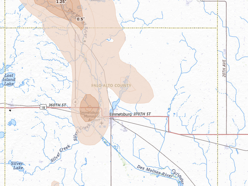Radar-estimated hail-size map of the storm over Emmetsburg, IA