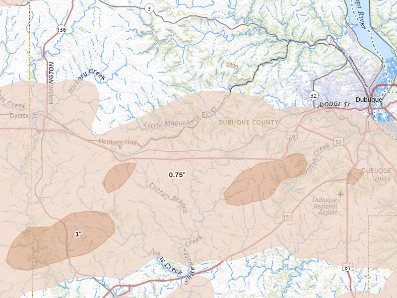 Radar-estimated hail-size map of the storm over Epworth, IA