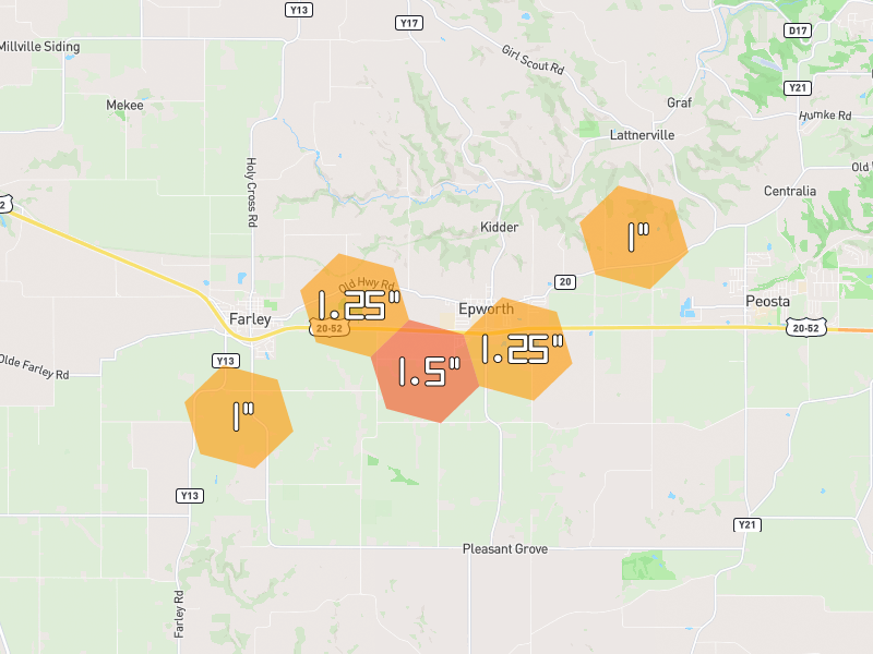 Hail map of Epworth, IA on Jul 2, 2026, hail up to 1.5"