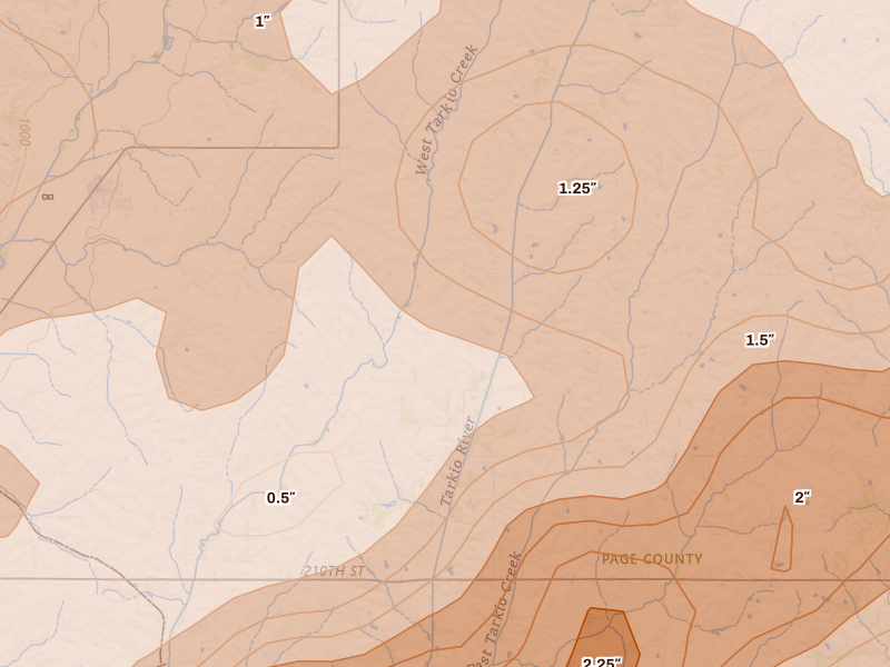 Radar-estimated hail-size map of the storm over Essex, IA on Jun 10, 2026