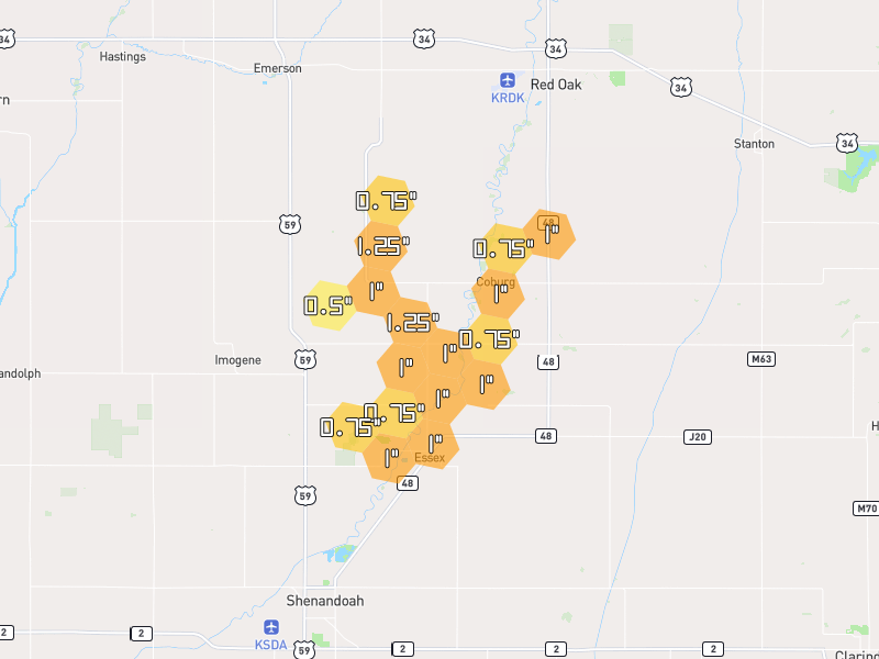 Hail map of Essex, IA on Jul 1, 2026, hail up to 1.25"