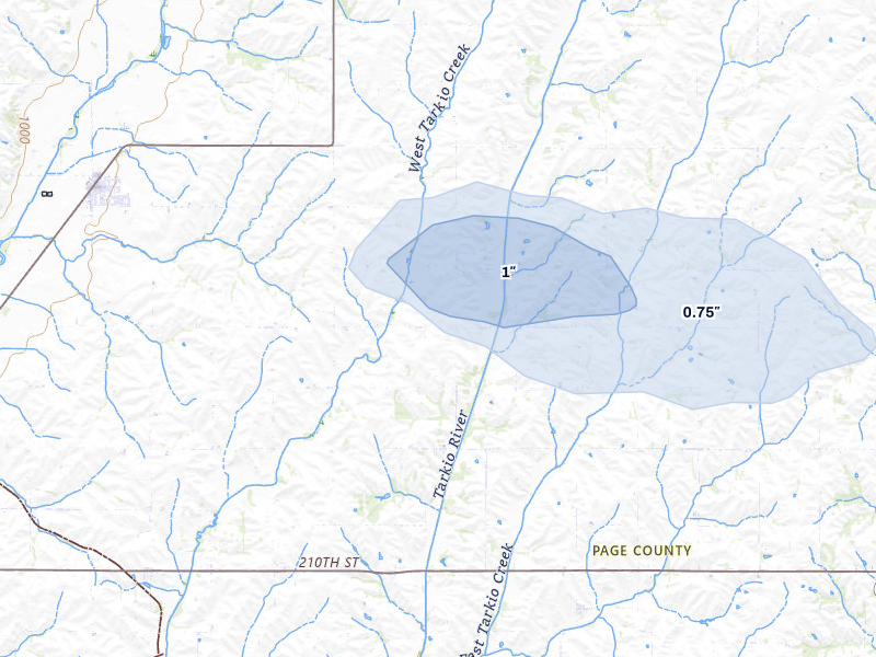NEXRAD radar-signature map of the hail storm over Essex, IA on Jul 10, 2026