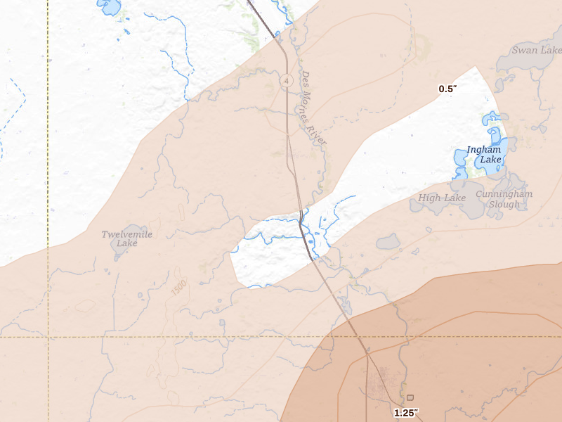 Radar-estimated hail-size map of the storm over Estherville, IA on Apr 13, 2026
