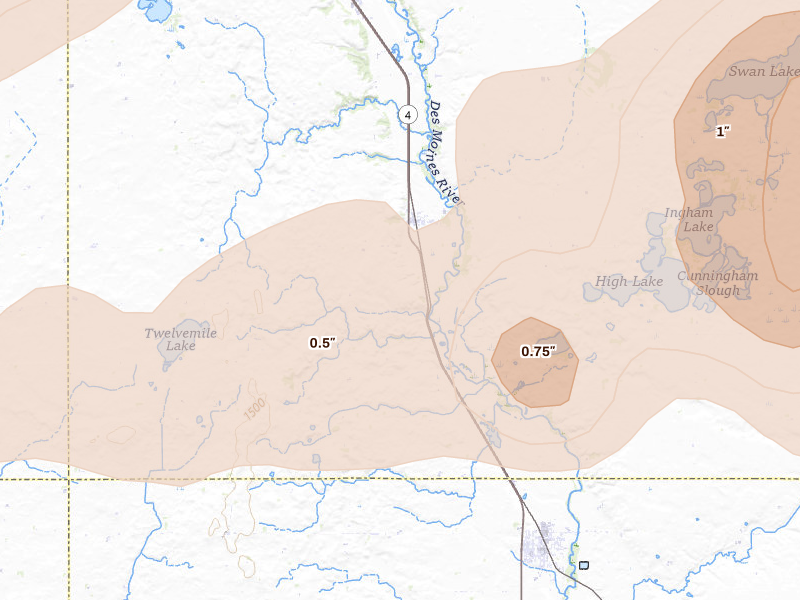 Radar-estimated hail-size map of the storm over Estherville, IA on May 15, 2026