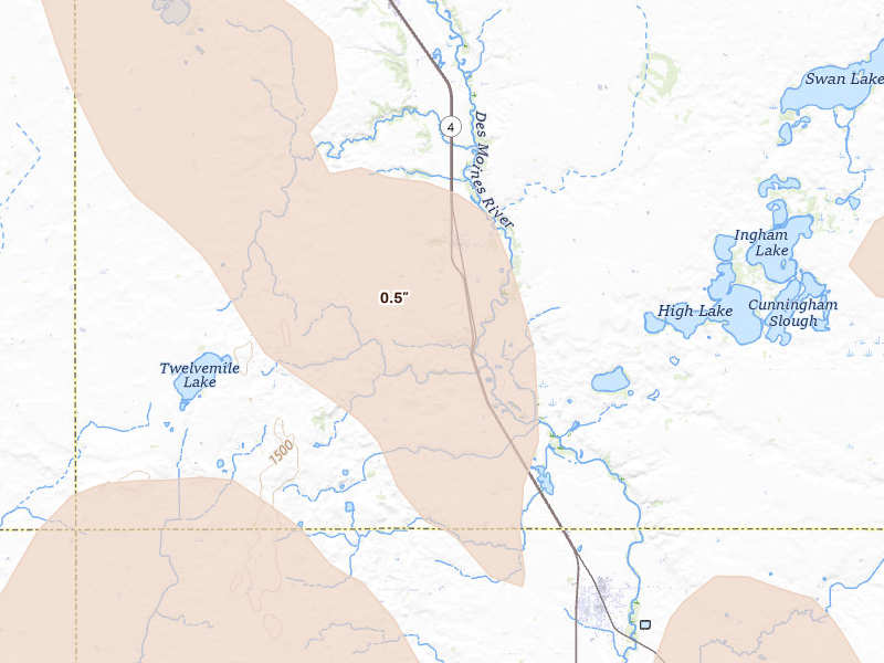 Radar-estimated hail-size map of the storm over Estherville, IA on May 17, 2026