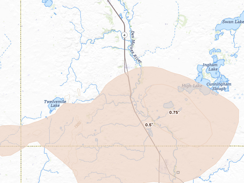 Radar-estimated hail-size map of the storm over Estherville, IA on Jun 27, 2026