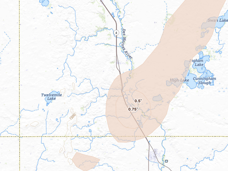 Radar-estimated hail-size map of the storm over Estherville, IA on Jun 29, 2026