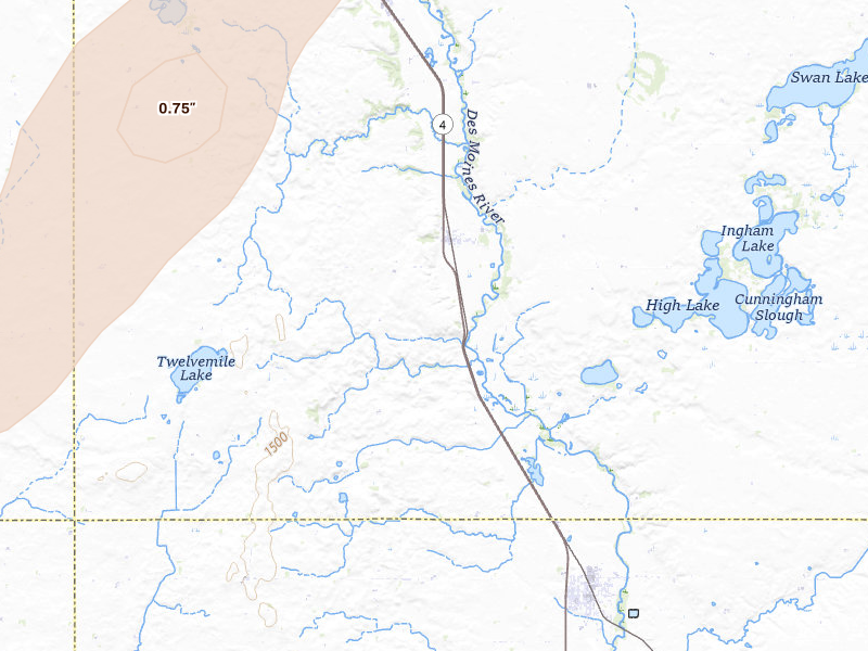 Radar-estimated hail-size map of the storm over Estherville, IA on Jun 30, 2026