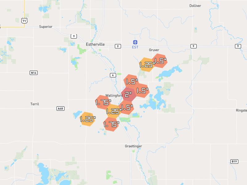 Hail map of Estherville, IA on Jun 30, 2026, hail up to 2"