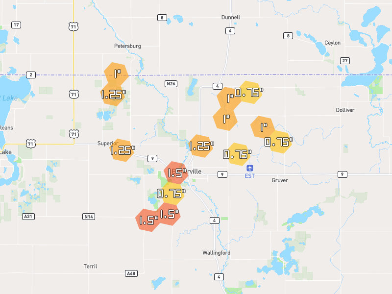 Hail map of Estherville, IA on Jul 1, 2026, hail up to 1.5"