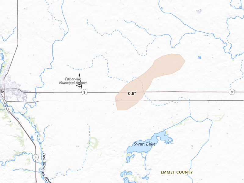 Radar-estimated hail-size map of the storm over Estherville, IA on Aug 3, 2026