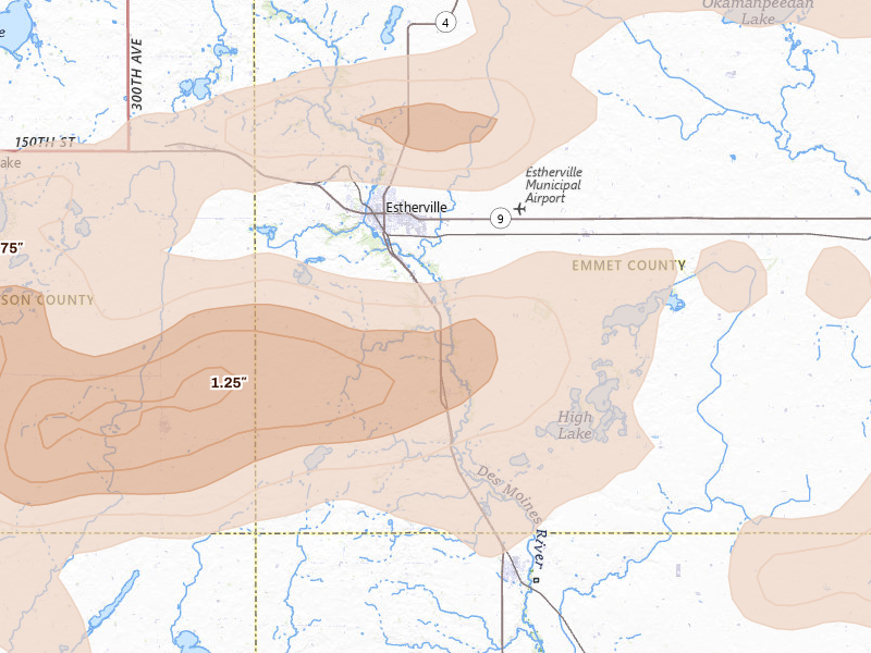 Radar-estimated hail-size map of the storm over Estherville, IA on Aug 8, 2026
