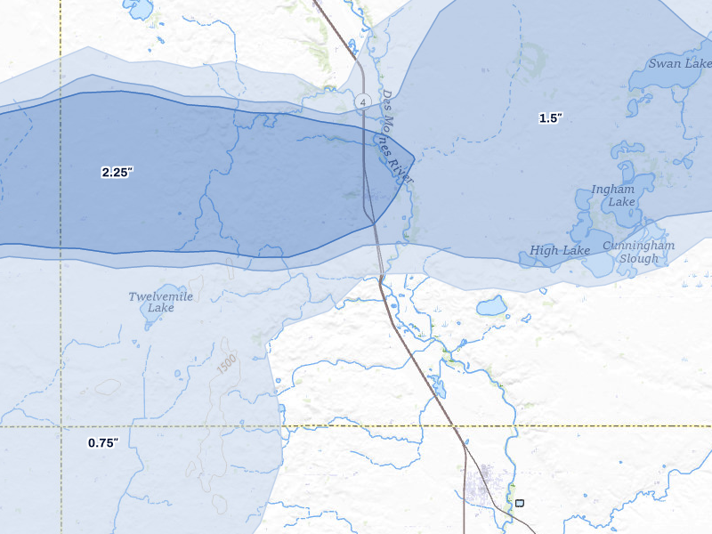 NEXRAD radar-signature map of the hail storm over Estherville, IA on Aug 8, 2026