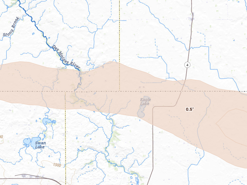Radar-estimated hail-size map of the storm over Estherville, IA on Aug 9, 2026