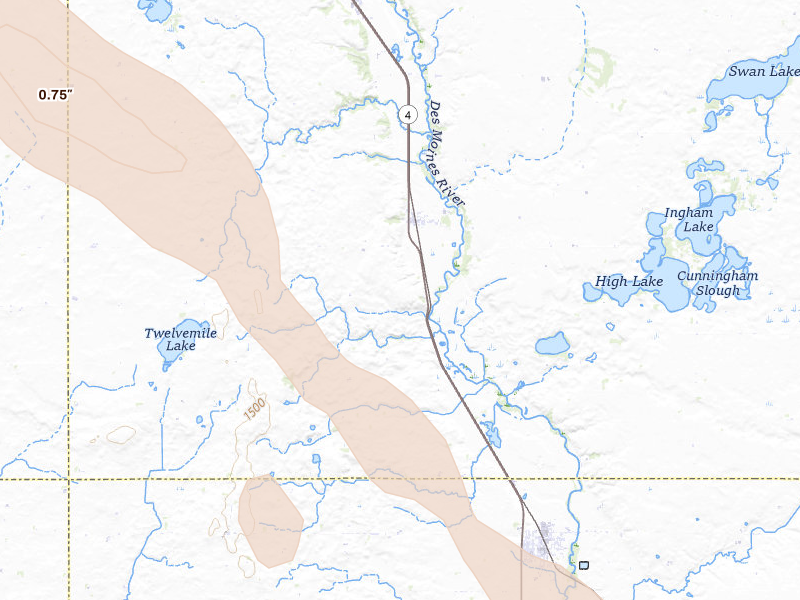 Radar-estimated hail-size map of the storm over Estherville, IA on Aug 18, 2026