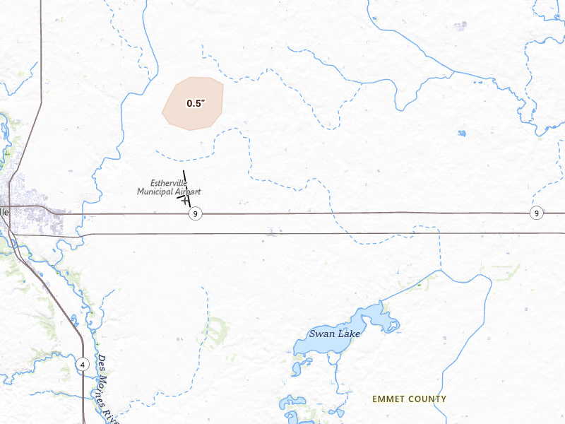 Radar-estimated hail-size map of the storm over Estherville, IA on Sep 2, 2026