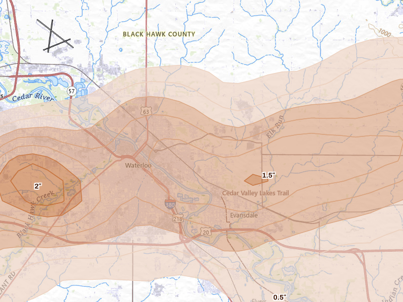 Radar-estimated hail-size map of the storm over Evansdale, IA