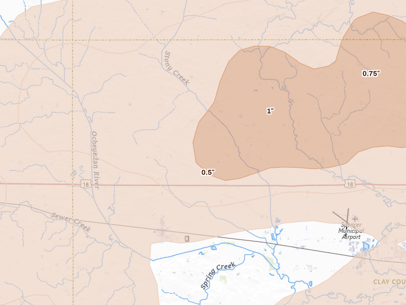 Radar-estimated hail-size map of the storm over Everly, IA on Jun 27, 2026