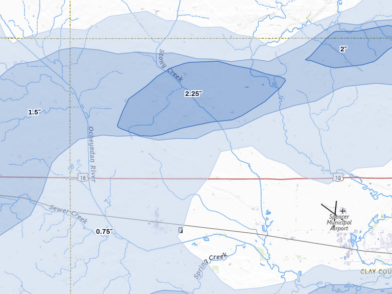 NEXRAD radar-signature map of the hail storm over Everly, IA on Jun 27, 2026
