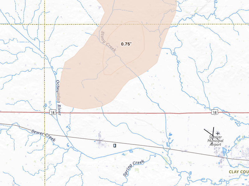 Radar-estimated hail-size map of the storm over Everly, IA on Jun 30, 2026