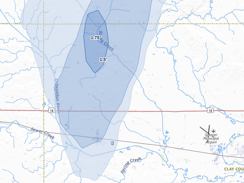 NEXRAD radar-signature map of the hail storm over Everly, IA on Jun 30, 2026