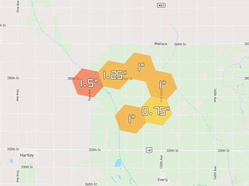 Hail map of Everly, IA on Jun 30, 2026, hail up to 1.5"