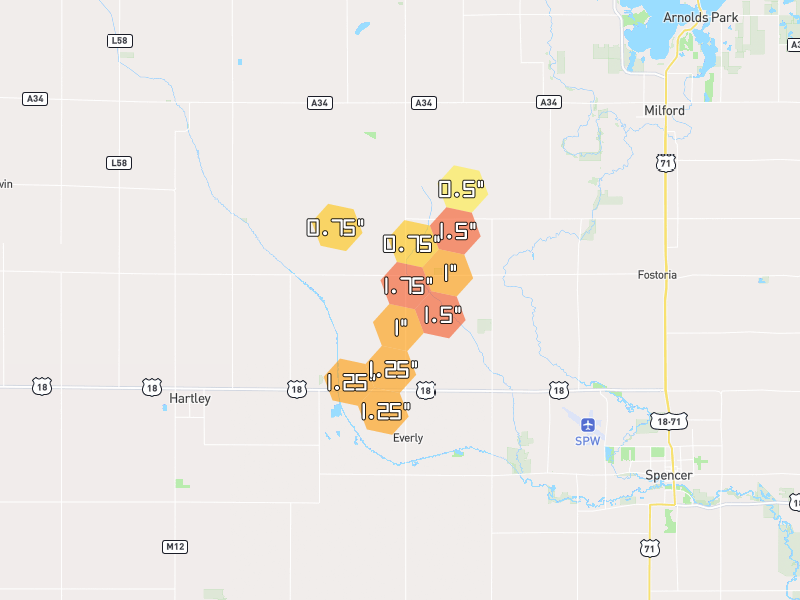 Hail map of Everly, IA on Jul 1, 2026, hail up to 1.75"