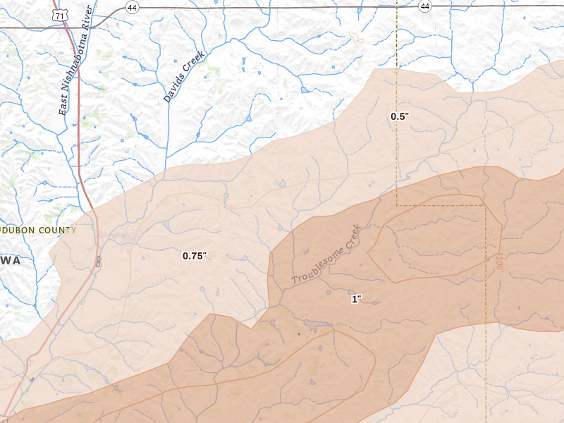 Radar-estimated hail-size map of the storm over Exira, IA on Mar 30, 2026