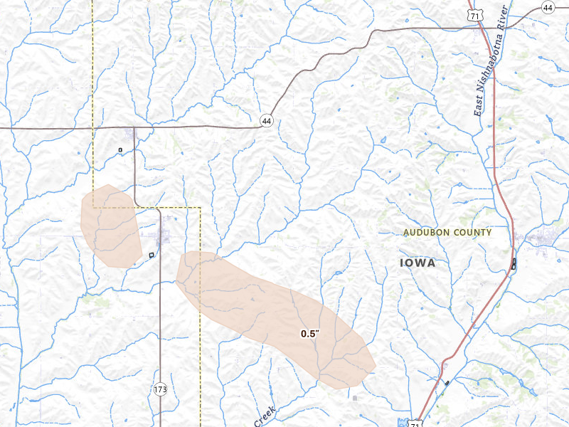 Radar-estimated hail-size map of the storm over Exira, IA on Aug 8, 2026