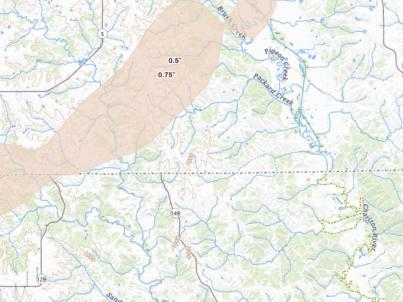 Radar-estimated hail-size map of the storm over Exline, IA on Apr 15, 2026