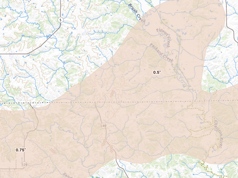 Radar-estimated hail-size map of the storm over Exline, IA on Jun 10, 2026