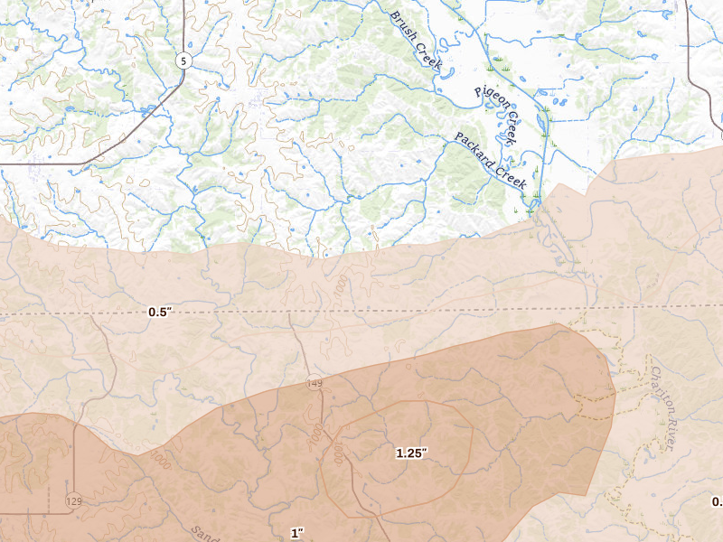 Radar-estimated hail-size map of the storm over Exline, IA on Jun 11, 2026
