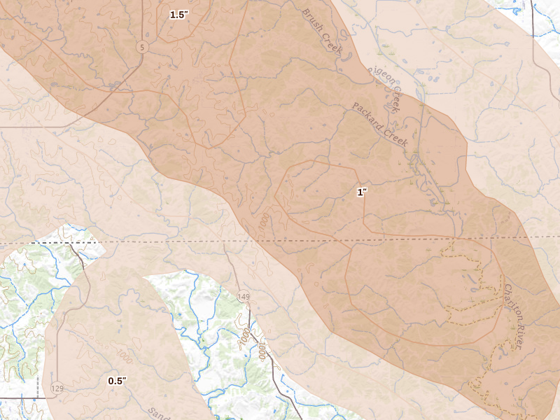 Radar-estimated hail-size map of the storm over Exline, IA on Jul 20, 2026