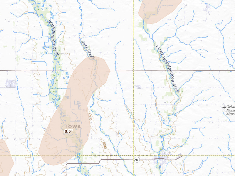 Radar-estimated hail-size map of the storm over Fairbank, IA on Apr 17, 2026