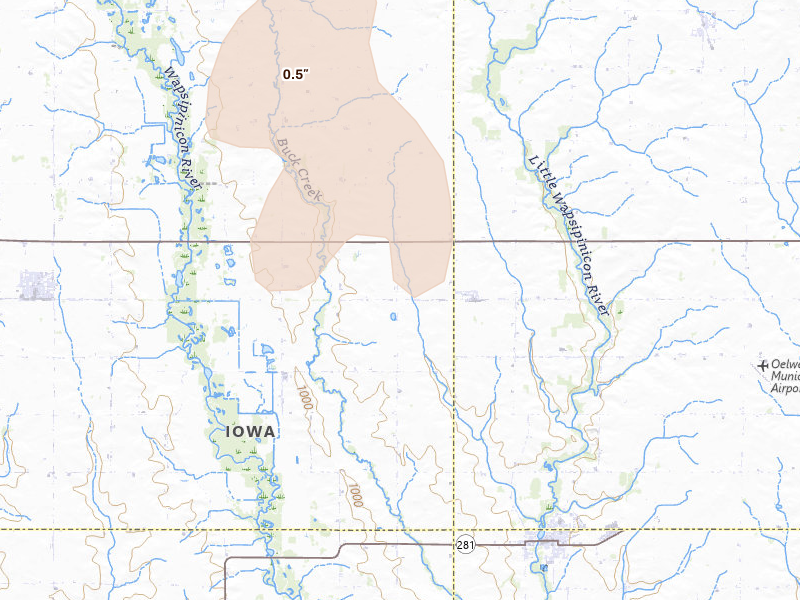 Radar-estimated hail-size map of the storm over Fairbank, IA on May 15, 2026