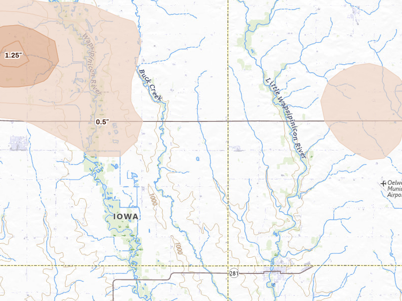 Radar-estimated hail-size map of the storm over Fairbank, IA on May 16, 2026